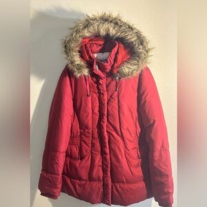 Christopher & Banks Red Puffer Jacket with Fur Trim